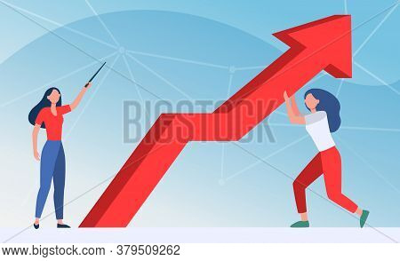 Managers Resisting Crisis. Woman Pointing Up, Her Colleague Holding Growth Arrow Flat Vector Illustr