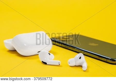 Rostov, Russia - July 06, 2020: Smartphone Apple Iphone 11 Pro Of Midnight Green Color And Wireless 