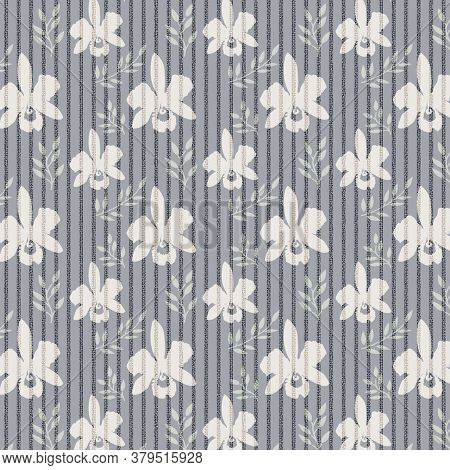Orchid Floral Pattern With Green Leaves In Soft Muted Colors With Vertical Stripes, 12x12 Desgin Ele