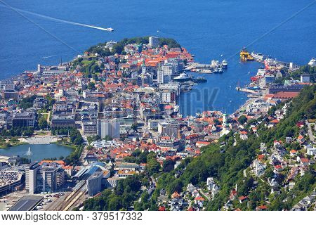 Bergen City, Norway. Summer Aerial View Of Downtown Bergenhus And Bryggen Districts.