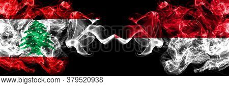 Lebanon Vs Monaco, Monacan Smoky Mystic Flags Placed Side By Side. Thick Colored Silky Abstract Smok
