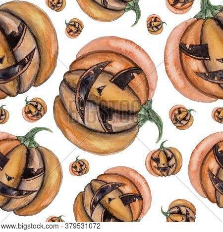 Seamless Watercolor Halloween Pattern With Pumpkins. Halloween Patterns Can Be Used For Scrapbook, P
