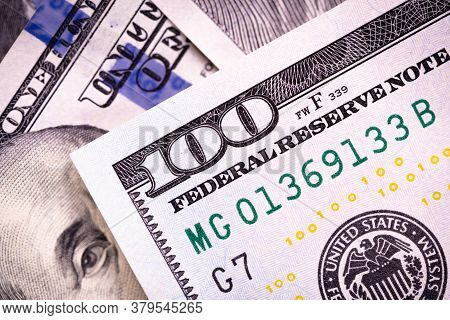 Fragment Of 100 Dollar Bill. Close Up Of American Currency. Us Dollar Background.. Macro Shot.