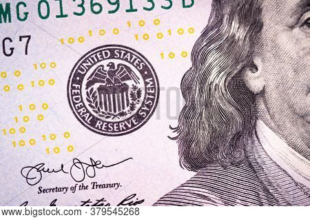 Fragment Of 100 Dollar Bill. Close Up Of American Currency. Us Dollar Background.. Macro Shot.