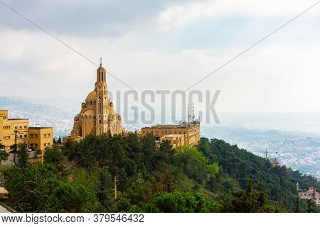 Saint Paul Basilica And Convent In Lebanon. Panoramic View Of The Church On The Mountain On The Leba