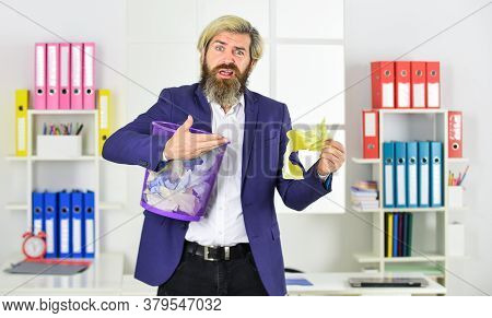 Vile Work. Rummaging Through The Papers. Office Worker Digging In Garbage. Recover Document. Recover