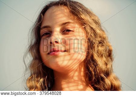 Nice Day. Small Girl Long Culry Hair. Happy Childhood. Perfect Healthy Skin. Youth Is Brilliant. Sum