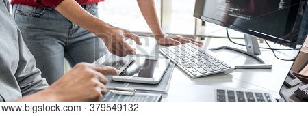 Two Professional Programmer Cooperating And Working On Web Site Project In A Software Developing On 