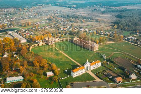 Ruzhany, Brest Region, Belarus. Cityscape Skyline In Autumn Sunny Evening. Birds-eye View Of Ruzhany