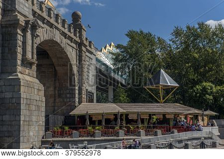 Moscow, Russia - 08.08.2018 -  View Of Bogdan Khmelnitskiy Bridge In Spring Rainy Day.