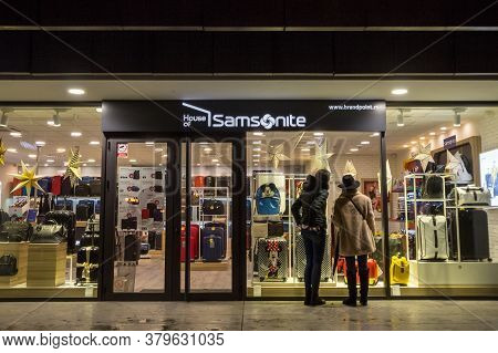 Belgrade, Serbia - December 30, 2018: Samsonite Logo On Their Shop In Belgrade. Samsonite Internatio