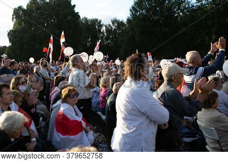 Minsk/belarus - July 30, 2020: Supporters Of Presidential Candidate Svetlana Tikhanovskaya At Her Ca