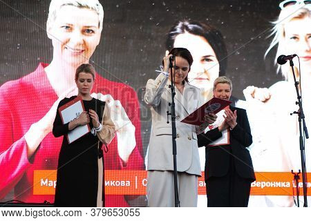 Minsk, Belarus - July 30, 2020: Svetlana Tikhanovskaya, Veronika Tsepkalo And Maria Kolesnikova - Th