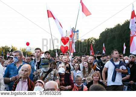 Minsk/belarus - July 30, 2020: Supporters Of Presidential Candidate Svetlana Tikhanovskaya At Her Ca