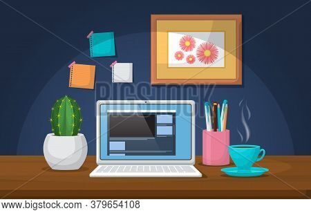 Laptop Cup Of Coffee On Workbench Office Work Table Illustration