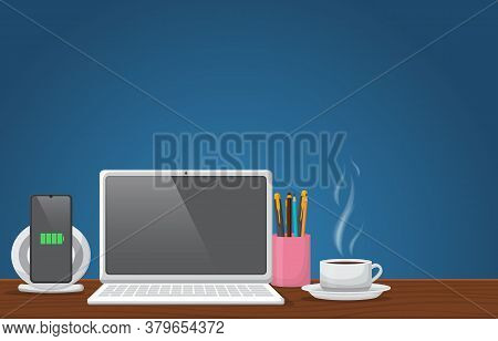 Laptop Cup Of Coffee On Workbench Office Work Table Illustration