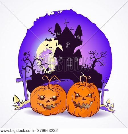 Halloween Vector Illustration With Pumpkins Heads And Gravees On The Night Sky Background Of The Ful