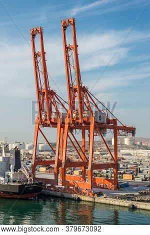 Salalah, Oman - November 19, 2019: Harbor Cranes In Port Of Salalah In Oman, Arabian Sea. Port Of Sa