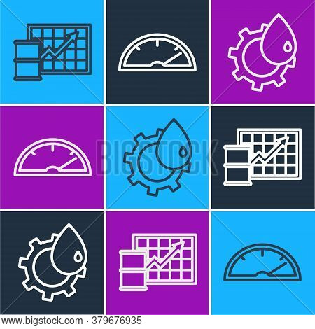 Set Line Oil Price Increase, Oil Industrial Factory Building And Speedometer Icon. Vector