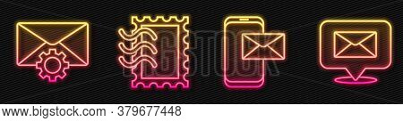 Set Line Mobile And Envelope, Envelope Setting, Postal Stamp And Speech Bubble With Envelope. Glowin