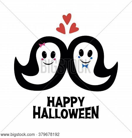 Cute Girl And Boy Ghosts In Love And Boo Word. Halloween Greeting Card. Isolated On White Background
