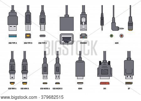 Usb Cable And Mobile Cell Phone Plugs Set Realistic Vector Illustration Isolated.