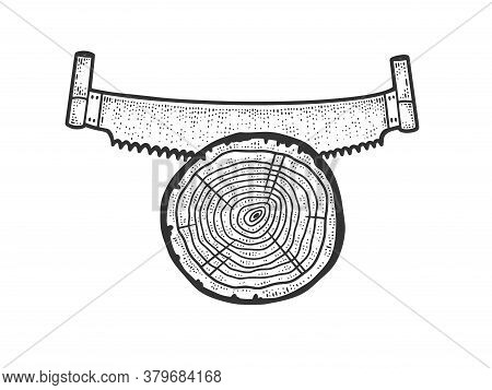 Two Man Saw And Tree Log Sketch Engraving Vector Illustration. T-shirt Apparel Print Design. Scratch
