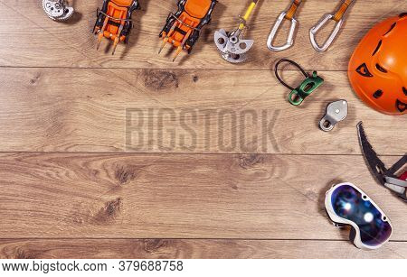 Climbing Adventure Equipment Flat Lay View. Top View Of Extreme Mounteneering Tools Like Helmet, Cam