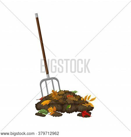Pitchfork Gathering Topsoil With Foliage As Organic Fertilizer For Soil And Plant Growth Vector Illu