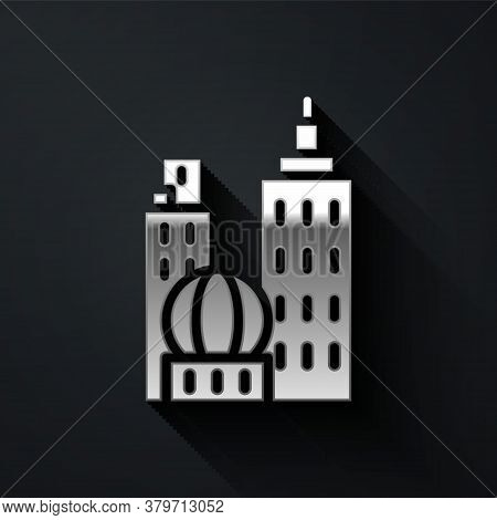 Silver City Landscape Icon Isolated On Black Background. Metropolis Architecture Panoramic Landscape