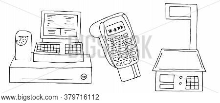 Trading Equipment For The Store S Shop - Cash Register, Cardless Machine, Scales, Vector Doodle Styl