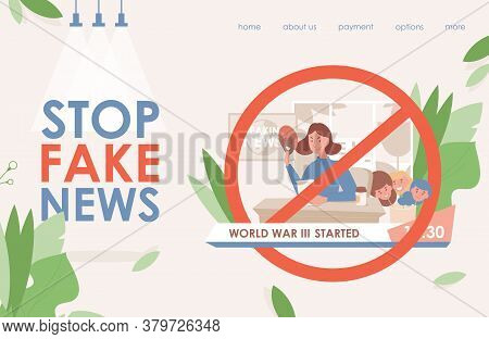Stop Fake News In Tv And Internet Vector Flat Landing Page Template. Angry Young Woman Changing Mask