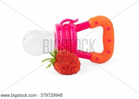 Baby's Nibbler And Ripe Strawberry On White Background