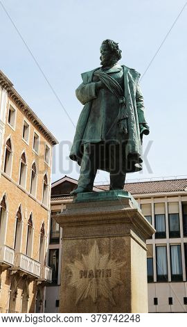 Statue Of The Venetian Patriot Called Daniele Manin In The Island Of Venice In Italy