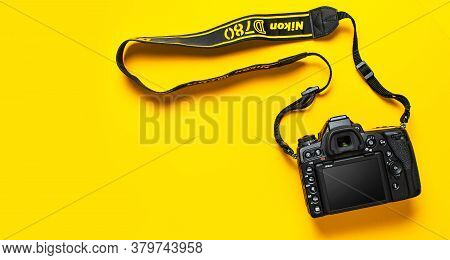 Moscow, Russia - July 15, 2020: Modern Slr And Mirrorless Camera Nikon D780 Fx On Yellow Background 