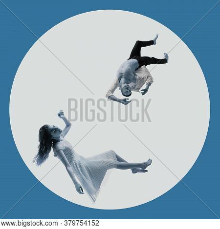 Mid-air Beauty Cought In Moment. Full Length Shot Of Attractive Young Woman And Man Hovering In Air 