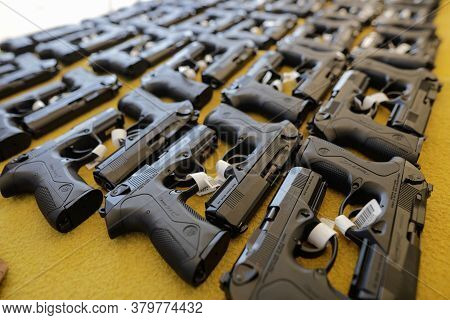 Bucharest, Romania - July 29, 2020: Details With Beretta Semi-automatic Pistols Manufactured By Bere