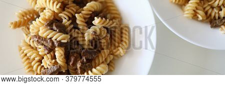 On Table Is Plate Cooked Delicious Pasta And Meat. Changing Eating Habits On Self-isolation. Cook Si