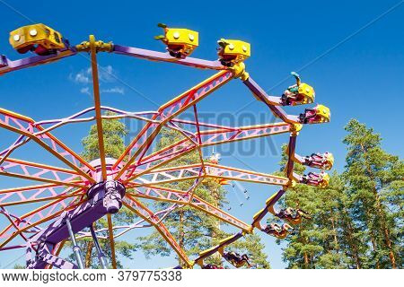 Kouvola, Finland - 14 July 2020: Extreme Ride Endeavour In Motion In Amusement Park Tykkimaki