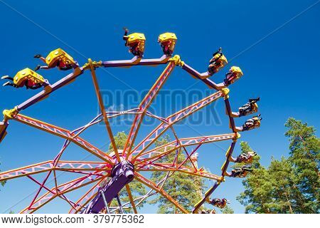 Kouvola, Finland - 14 July 2020: Extreme Ride Endeavour In Motion In Amusement Park Tykkimaki