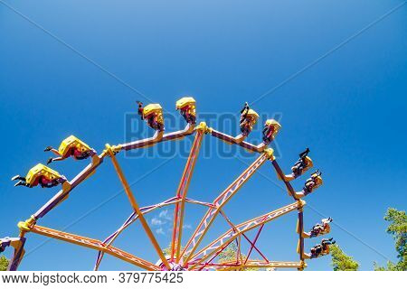 Kouvola, Finland - 14 July 2020: Extreme Ride Endeavour In Motion In Amusement Park Tykkimaki