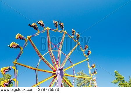 Kouvola, Finland - 14 July 2020: Extreme Ride Endeavour In Motion In Amusement Park Tykkimaki