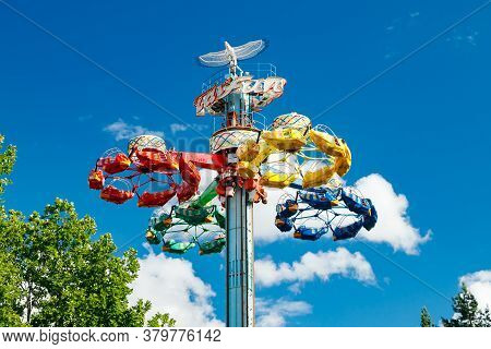 Kouvola, Finland - 14 July 2020: Extreme Ride Taifun In Motion In Amusement Park Tykkimaki