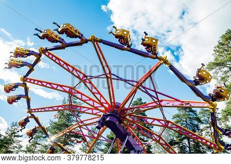 Kouvola, Finland - 14 July 2020: Extreme Ride Endeavour In Motion In Amusement Park Tykkimaki