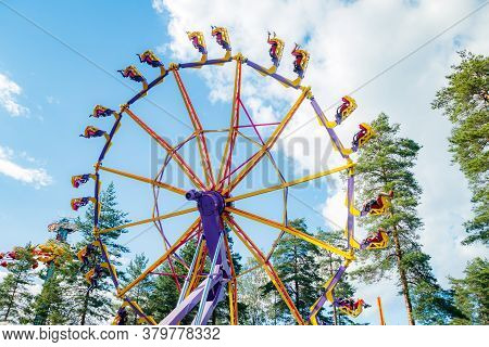 Kouvola, Finland - 14 July 2020: Extreme Ride Endeavour In Motion In Amusement Park Tykkimaki