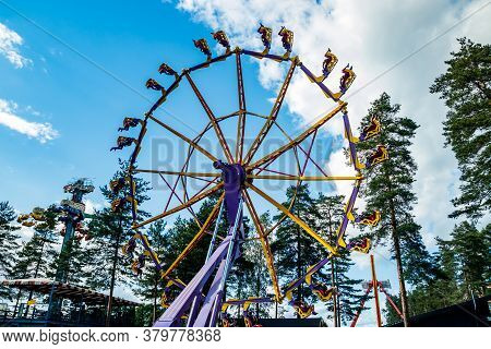 Kouvola, Finland - 14 July 2020: Extreme Ride Endeavour In Motion In Amusement Park Tykkimaki