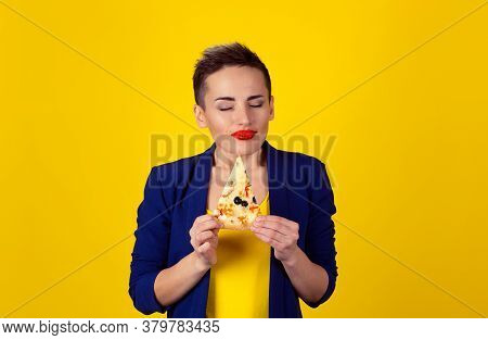 Closeup Portrait Young Woman Holding, Fatty Pizza Eyes Closed Of Pleasure, Enjoying The Smell And Cr