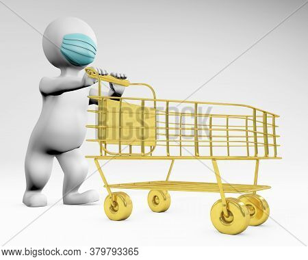 Man With Mask Shopping With A Golden Troley. Increase In Demand During Pandemic Concept, 3d Renderin