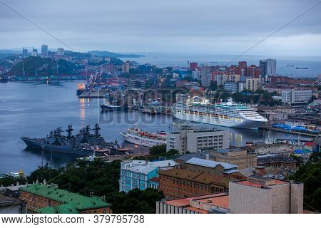 Summer, 2016 - Vladivostok, Russia - The Cruise Liner Is Shaded In The Center Of Vladivostok. The Li