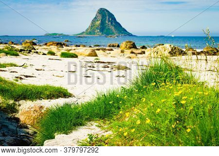 Seascape, Sea Coast With Sandy Beach And Island Bleiksoya In The Distance, Resort Bleik Andoya Norwa